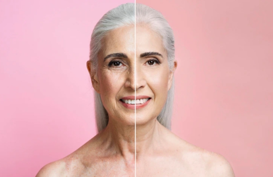 mujer mayor con mitad de cara retocada y mitad natural en fondo rosa