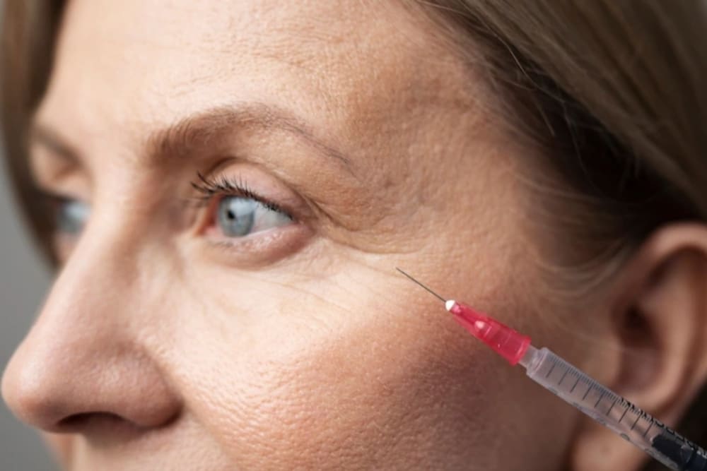 mujer con edad media recibiendo inyeccion estetica en el rostro